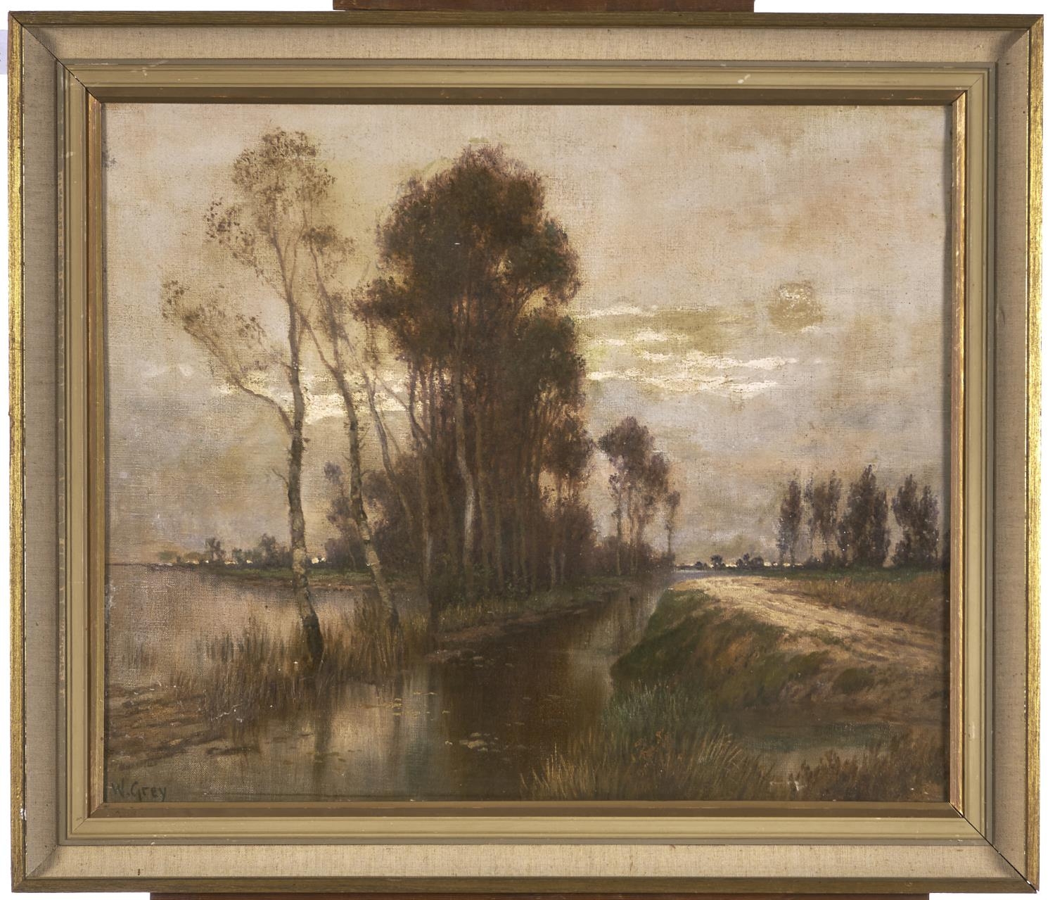W Grey, late 19th / early 20th c - Silver Birches in a Watery Landscape, signed, oil on canvas, 47