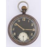 Military Timepiece. A WWII British Army issue nickel plated keyless lever watch, case back marked