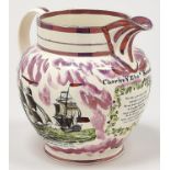 A Sunderland purple lustre jug, 'Garrison' Pottery, c1830, with enamelled prints of the Wear Bridge,