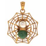 A South East Asian jadeite and pearl spider and web pendant, in gold marked 22k, 4g