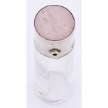 A George V cylindrical silver capped glass scent bottle, with rose quartz cabochon and garnet