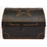 A brass studded black leather covered wooden trunk, late 18th / early 19th c, the interior lined