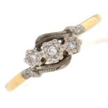 A three stone diamond crossover ring, illusion set, gold hoop, 2.7g, size W