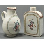 A Chinese export porcelain tea caddy and milk jug, c1780, enamelled with flowers tied by a red bow