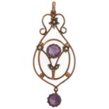 An amethyst and split pearl openwork pendant, early 20th c, in gold marked 9ct, 2.7g Good condition