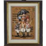 A set of three vintage 'Sporting Life' caricatures, each image with three figures, two of jockeys,