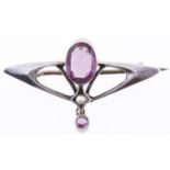 A German jugendstil amethyst, split pearl and silver openwork brooch, probably Pforzheim, c1905,