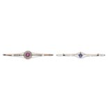 A ruby, diamond and cultured pearl bar brooch and a sapphire and cultured pearl bar brooch, both