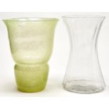 An English green glass vase, of cratered texture, early 20th c, 39.5cm h and an Edwardian waisted
