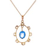 A blue paste openwork pendant, early 20th c, in gold, indistinctly marked, on a gold necklet, 2.