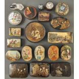 Fifteen various papier mache snuff boxes, early - late 19th c, with painted, printed and painted