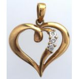 A diamond pendant of heart shape, in gold marked 750, 3.1g Good condition