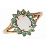 An opal and emerald cluster ring and a similar pendant, both in 9ct gold and a gold necklet, 4.3g,