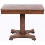 An early Victorian rosewood card table, on octagonal pillar, platform and bun feet, 91.5cm l Top