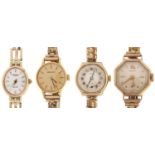 Four various 9ct gold wristwatches,  various sizes, the oval Rotary watch with gold bracelet, 16.