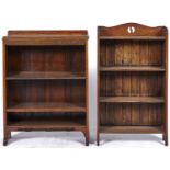 An oak open bookshelf with shallow upstand, the frieze carved with continuous Greek key,