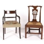 A Regency mahogany elbow chair, c1820, with rope back rail, on sabre legs, seat height 46cm and a