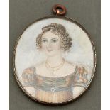 English School - Portrait Miniature of a Lady, bust length in a green and light brown dress and