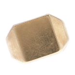 A gold signet ring, marked 375, 5.4g, size R Slight wear scratches. Plain, no engraving or erasure