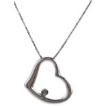 A diamond pendant of heart shape, in white gold on white gold necklet, marked 18k, 2.3g (2) Good