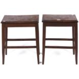 A near pair of early 19th c stools, c1830, the rectangular figured burr elm tops with moulded lips