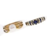 A sapphire and diamond ring, in 14ct gold, convention mark, size L and cultured pearl ring, in