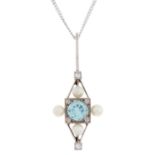 An aquamarine, diamond and cultured pearl pendant, millegrain set, in white gold, 34mm and an 18ct