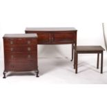 A mahogany side cabinet, a bow front chest and a table (3)