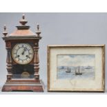 A German walnut architectural cased mantel clock, c1900, 47cm h and a watercolour of sailing