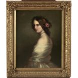 English School, 19th c - Portrait of a Young Woman, half length in a white dress wearing flowers