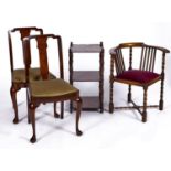 A Victorian mahogany three tier square etagere, the figured shelves supported on turned uprights