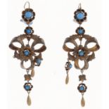 A pair of silver gilt and turquoise paste flower and bow earrings, 19th c, 9g