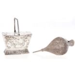 A Dutch miniature silver box of bellows form and a Dutch miniature silver twin lidded basket,