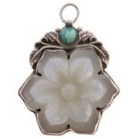 A Chinese celadon jade flower pendant, early 20th c, the chased  silver mount with turquoise