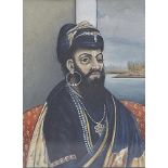 Indian School - Miniature of Maharaja seated on a divan before a stretch of water, 95 x 70mm, in