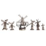 Six Dutch miniature silver models of windmills, late 19th c and later, 90mm h and smaller, variously