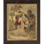 A Victorian Berlin woolwork picture of a 16th century couple, their dog and page, 49 x 39cm,
