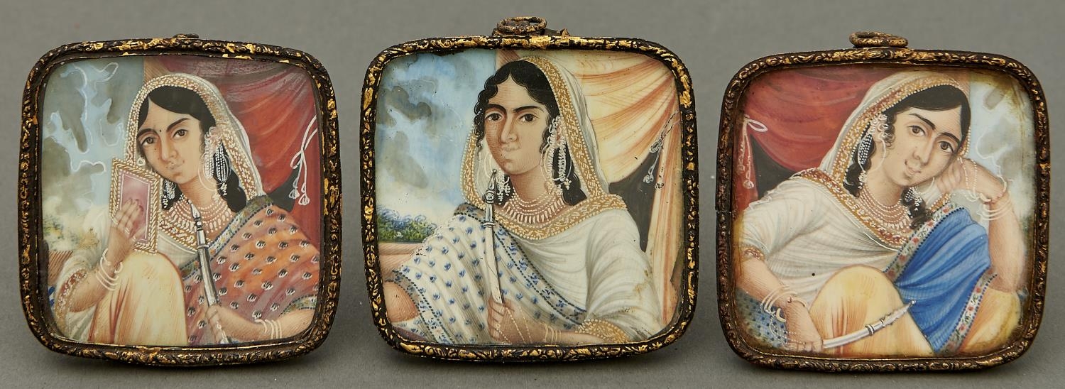 Indian School, 19th century - Three miniatures of ladies, 55 x 55mm and circa, giltmetal strut