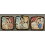 Indian School, 19th century - Three miniatures of ladies, 55 x 55mm and circa, giltmetal strut