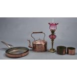 Kitchenalia. Two Victorian copper frying pans with iron handle, 26 and 31cm diam, the smaller