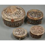 Four similar graduated oval French electrotype jewel caskets, late 19th c, 13.5cm l and smaller,