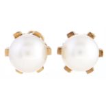 A pair of cultured pearl ear studs, each with 8mm cultured pearl mounted in gold with threaded