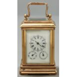A French brass miniature carriage timepiece, mignonette, late 20th c, with subsidiary day and date