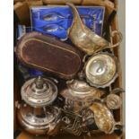Miscellaneous plated ware and a silver hand mirror, engine turned, Birmingham 1936 Most items in
