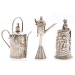 A German miniature silver watering can, with wire spout and handles, 55mm h, a German miniature cast