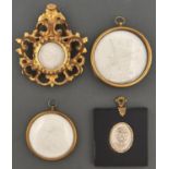 Three plaster casts of commemorative medals,  one in Florentine giltwood frame and another of the