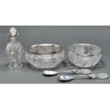 An oval silver mounted cut glass bowl, early 20th c, 26.5cm l, mount Birmingham 1913, a Victorian