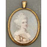 Follower of Richard Cosway – Portrait Miniature of a Lady, in a light brown and cream dress, wearing