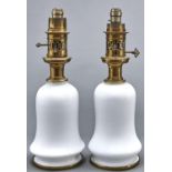 A pair of Victorian brass mounted opal glass oil lamps, Bright (late Argand & Co) 37 Bruton St