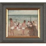 British School, 20th / 21st c - Children on the Beach, oil on board, 17 x 19.5cm and two other